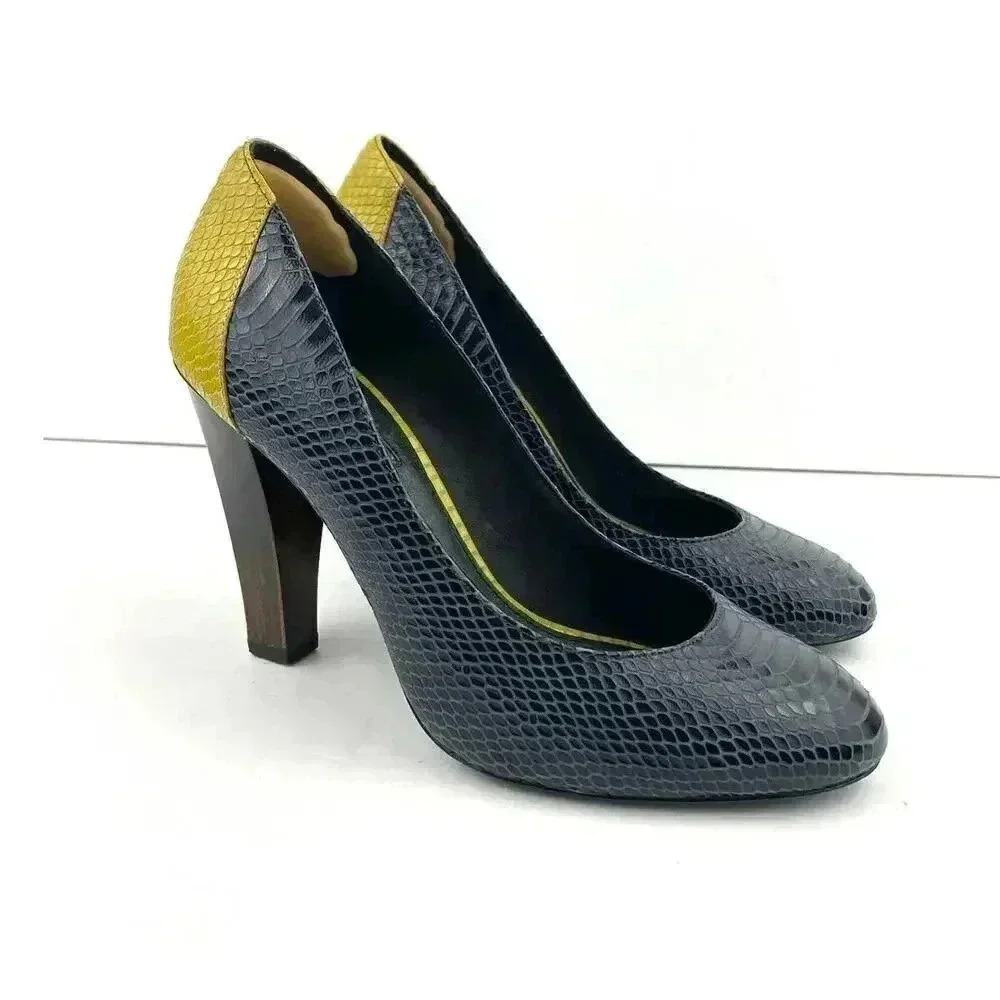 Wooden Heels‎ Pumps Blue Yellow Snake Style 10 7 For All Mankind Women's Leather - Picture 13 of 13